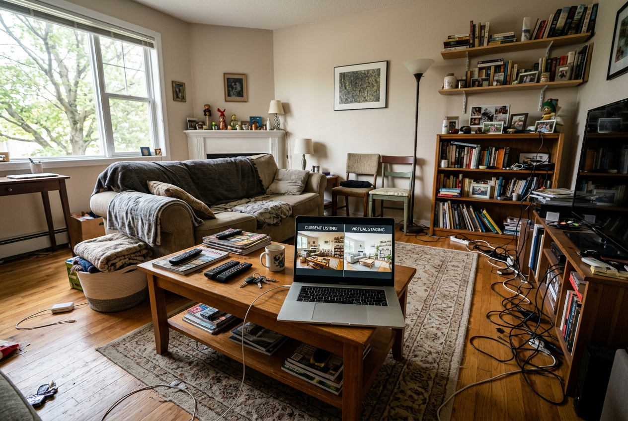 Cluttered living room before virtual staging, open laptop showing Coohom vs AI HomeDesign: Best for Real Estate Staging? comparison interface