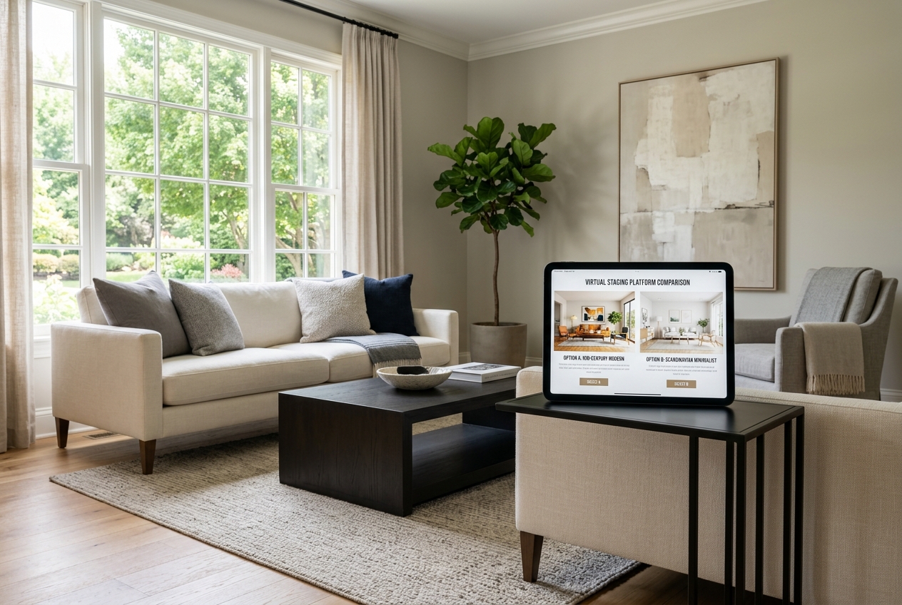 Staged living room with tablet showing Coohom vs AI HomeDesign: Best for Real Estate Staging? platform interface