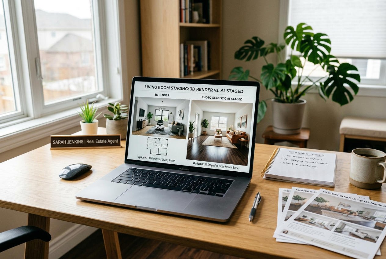 Laptop showing Coohom vs AI HomeDesign staging outputs side by side on a real estate agent's desk