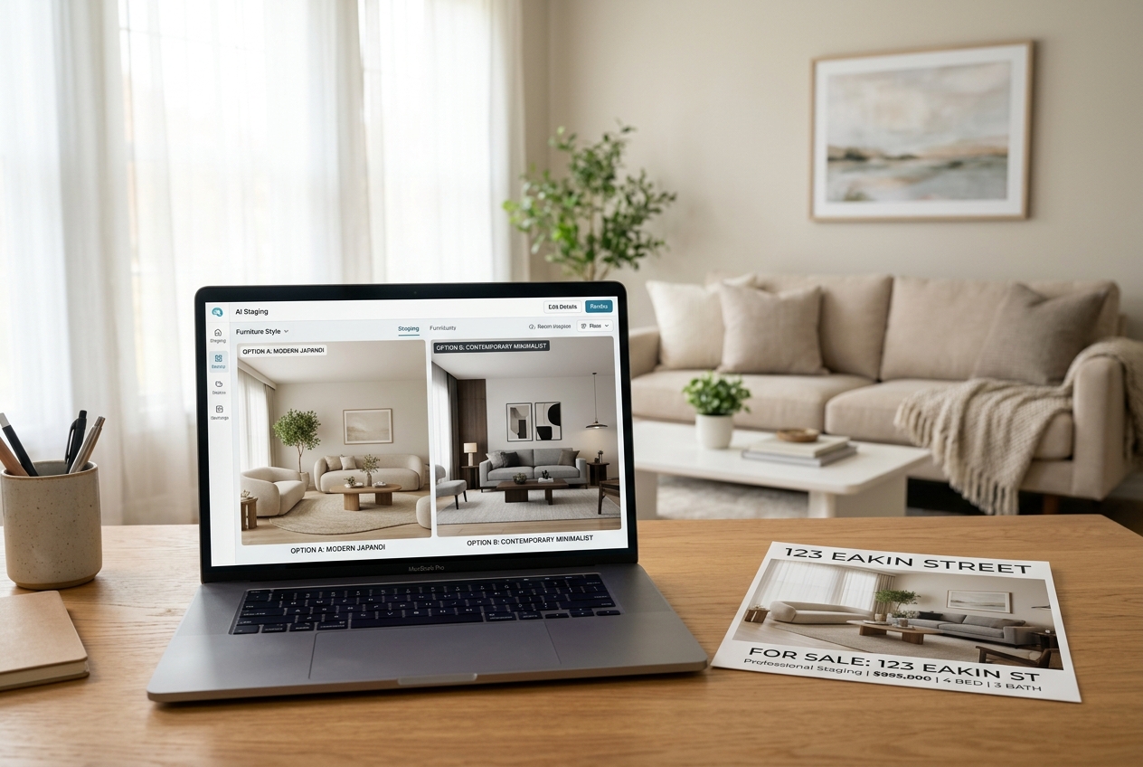 Laptop showing Coohom vs AI HomeDesign: Best for Real Estate Staging? side-by-side tool comparison with staged living room