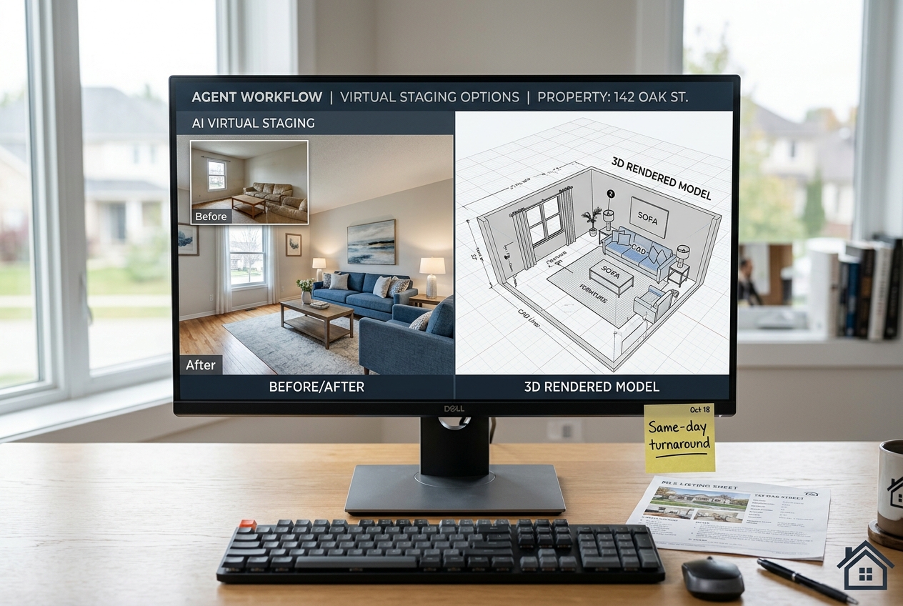 Monitor showing Coohom vs AI HomeDesign: Best for Real Estate Staging? split-screen comparison on a real estate agent's desk.
