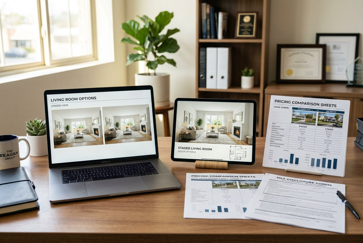 Coohom vs AI HomeDesign: Best for Real Estate Staging? — side-by-side renders on desk with pricing sheets