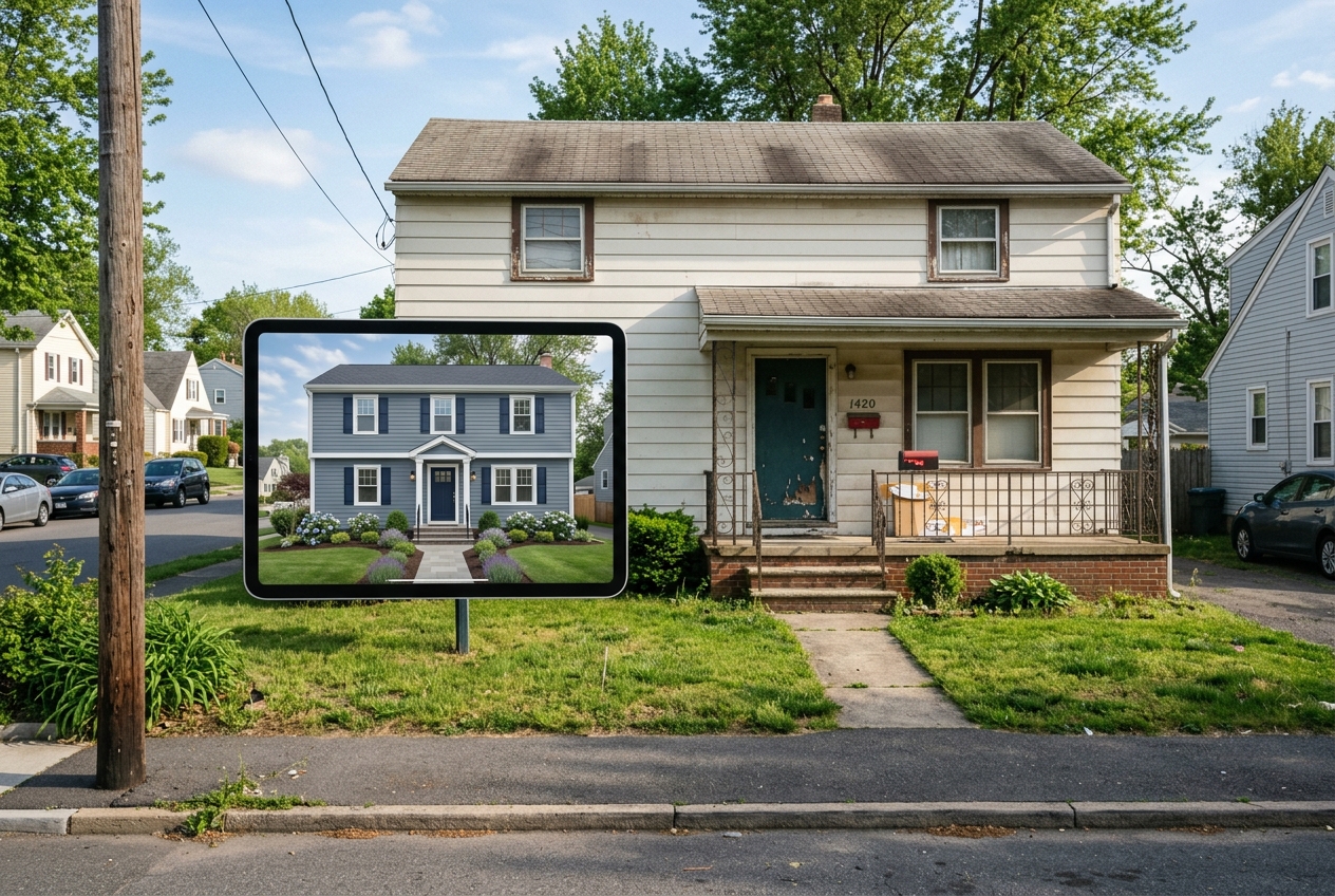 Tablet showing AI curb appeal preview of exterior upgrades on a home's front porch before construction begins