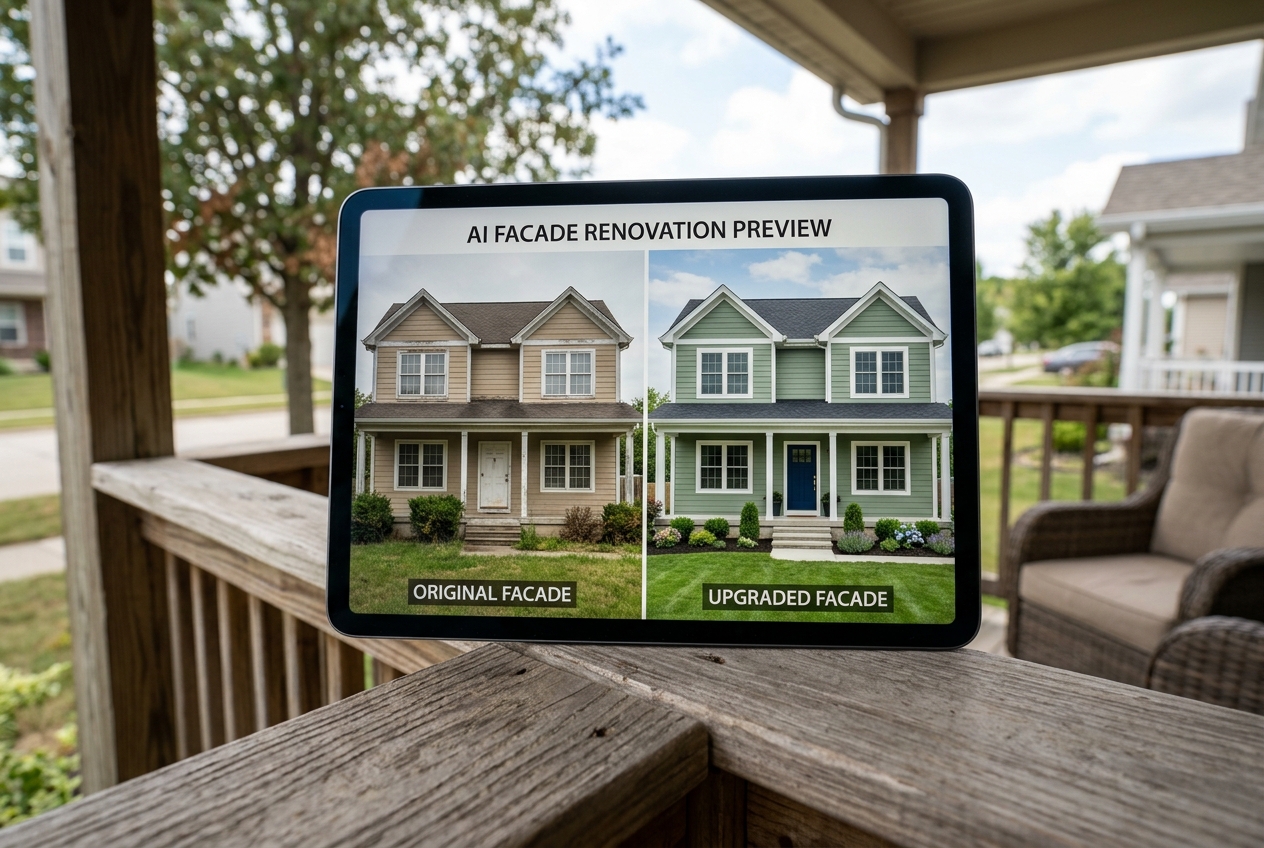 Tablet showing AI curb appeal preview of exterior upgrades to a suburban home's front facade before building