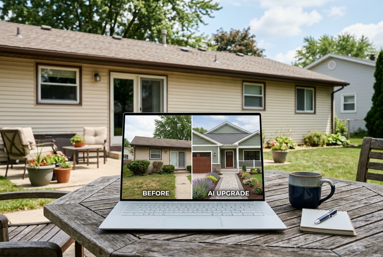 Laptop showing AI curb appeal preview of exterior upgrades before building, split-screen comparison outdoors