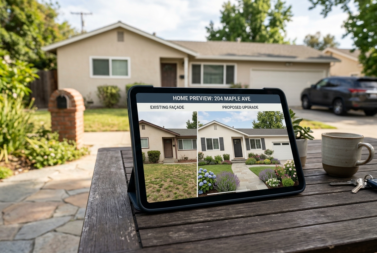 Tablet showing AI curb appeal preview of exterior upgrades side-by-side with existing home façade before building