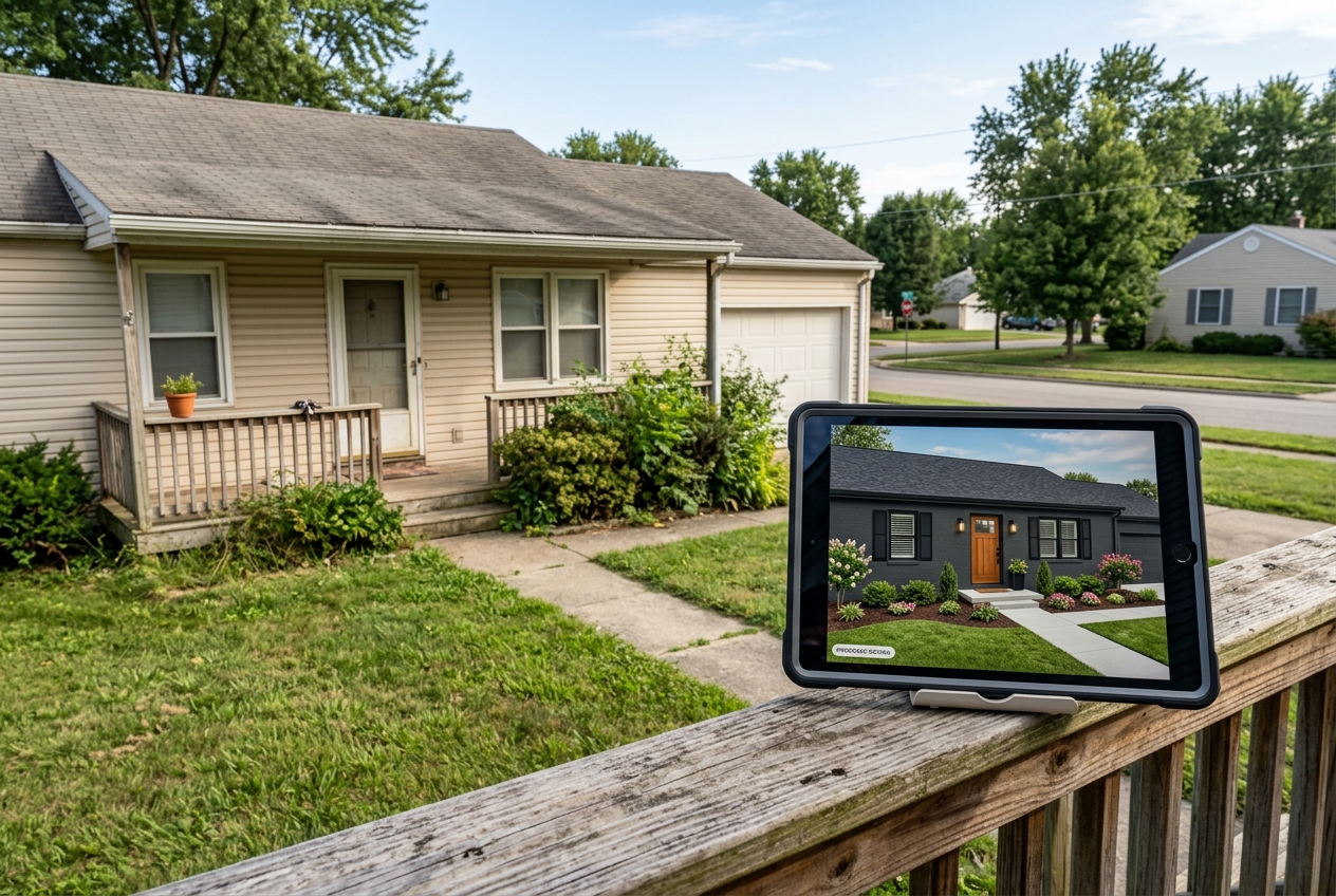 Tablet showing AI curb appeal preview of exterior upgrades beside the existing home facade before construction begins