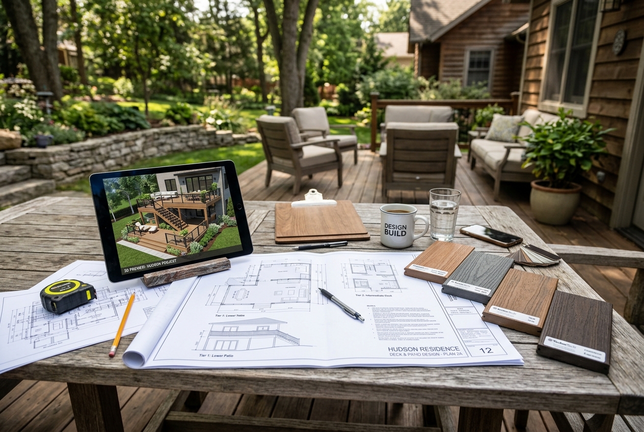 Printed deck plans, tablet with 3D layout, and material samples illustrating a deck design software decision framework for homeowners