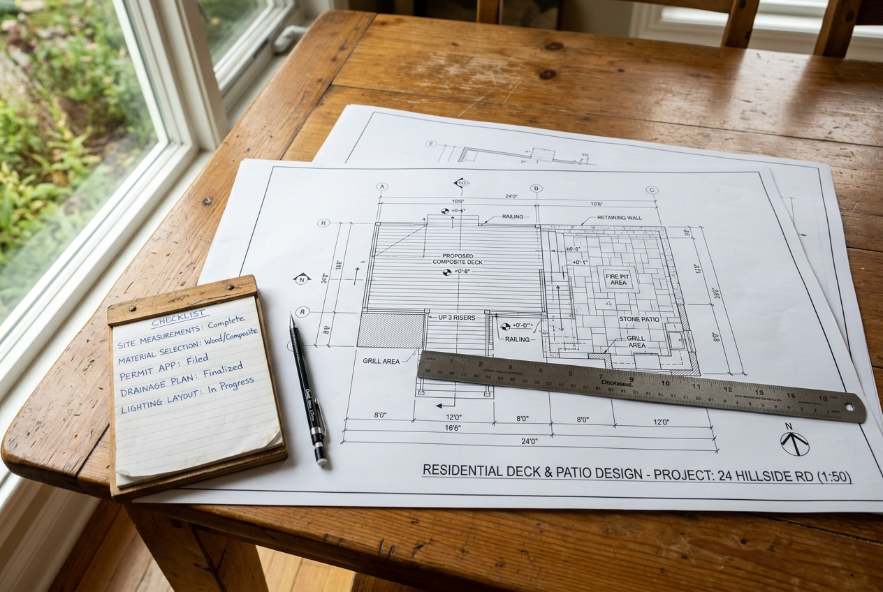 Printed deck design plans with dimension notes and a checklist on a table — evaluating deck design software outputs before choosing a tool.