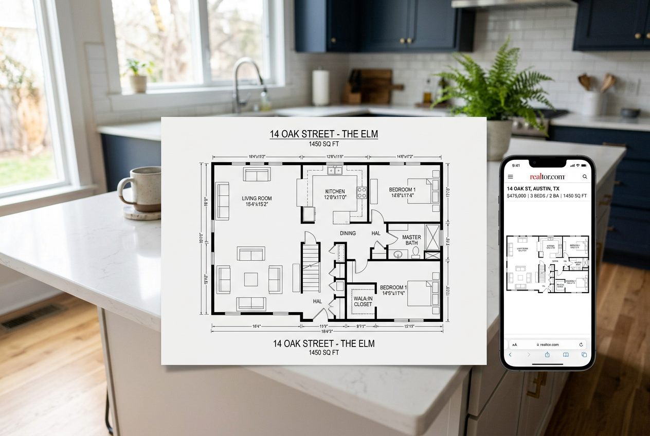 Printed floor plan and smartphone listing view side by side — Best Floor Plan Software for Real Estate in 2026