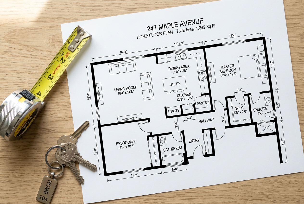 Printed labeled floor plan with tape measure and house keys — Best Floor Plan Software for Real Estate in 2026