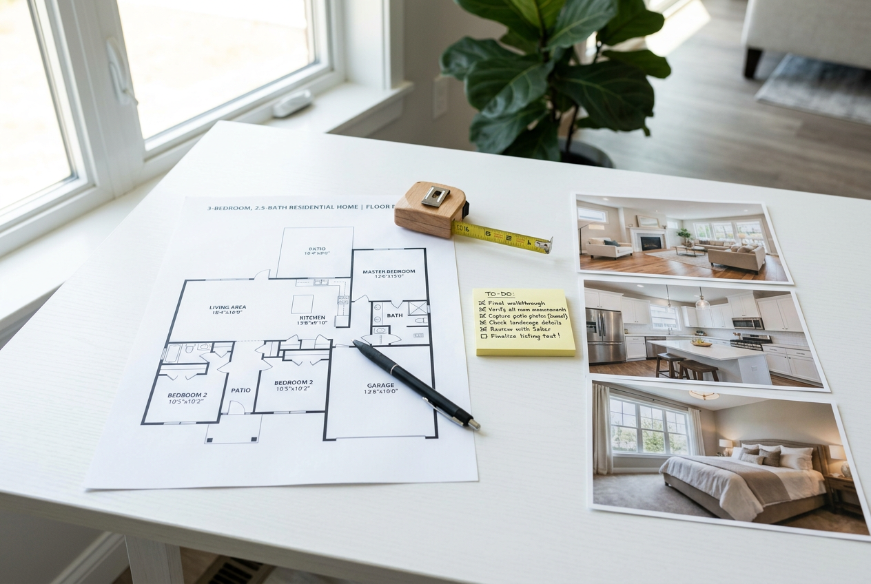Labeled floor plan printout beside listing photos — Best Floor Plan Software for Real Estate in 2026 workflow output.