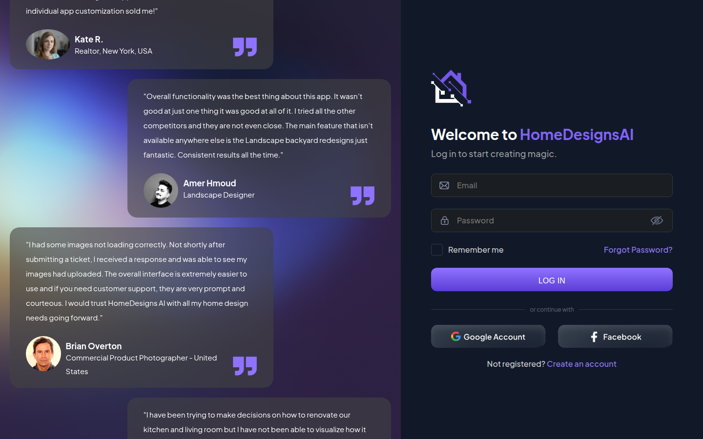 HomeDesigns AI product screenshot: HomeDesigns.AI sign-in — email and password, or Google and Facebook