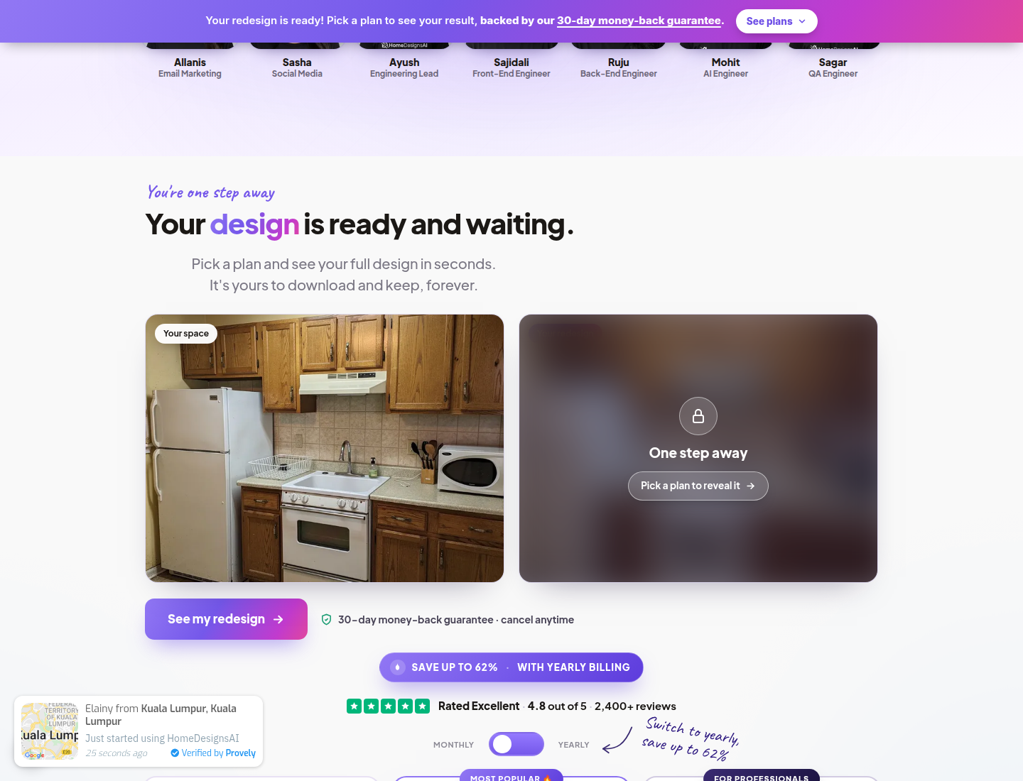 Locked HomeDesigns.AI redesign result behind the free-tier paywall
