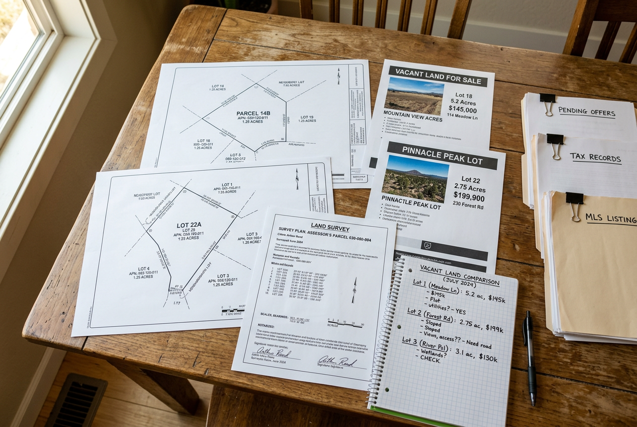 Vacant land parcel maps and listing documents sorted on a table for first-time buyers following a step-by-step guide on how to buy land.
