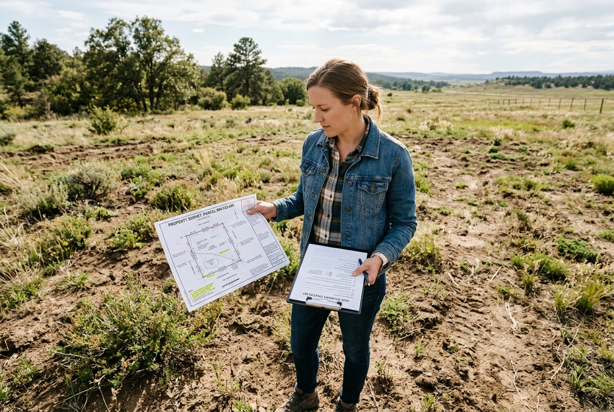 First-time buyer reviewing survey documents on a vacant land parcel — How to Buy Land step-by-step guide