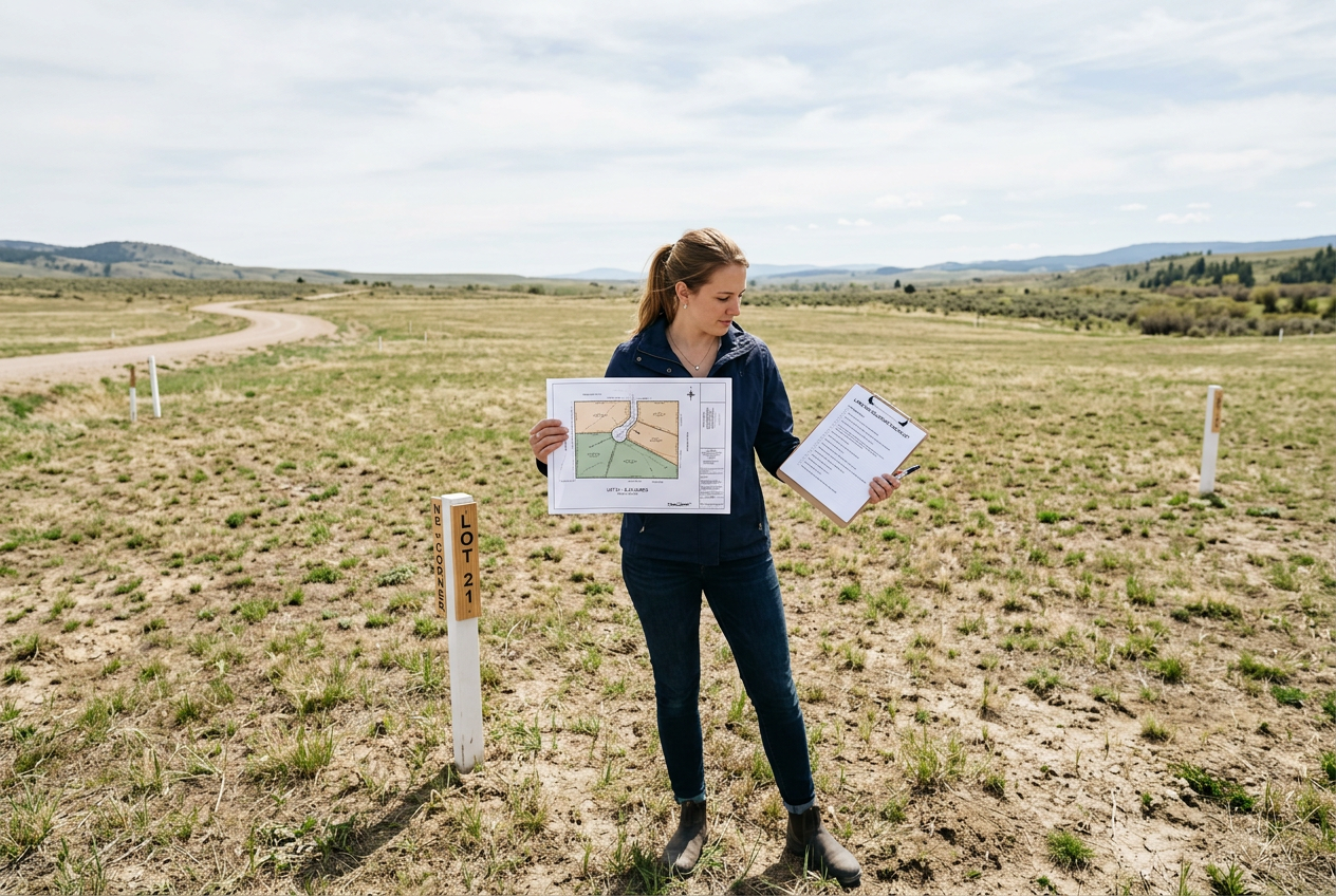 First-time buyer reviewing a survey map on an undeveloped land parcel — How to Buy Land: A Step-by-Step Guide for First-Time Buyers