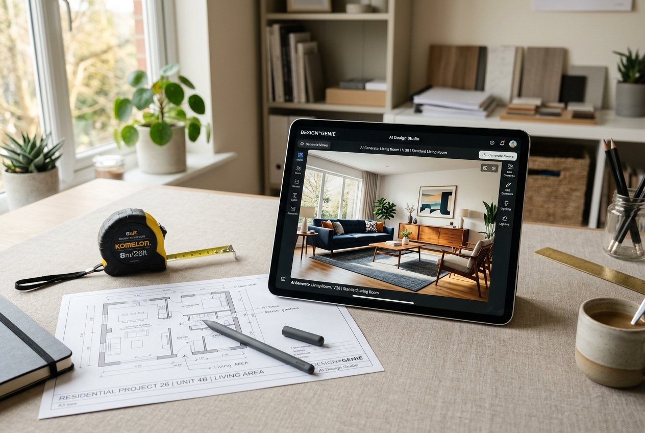 Tablet showing AI interior design app beside printed floor plan — Best Interior Design Apps in 2026: AI & Classic Picks