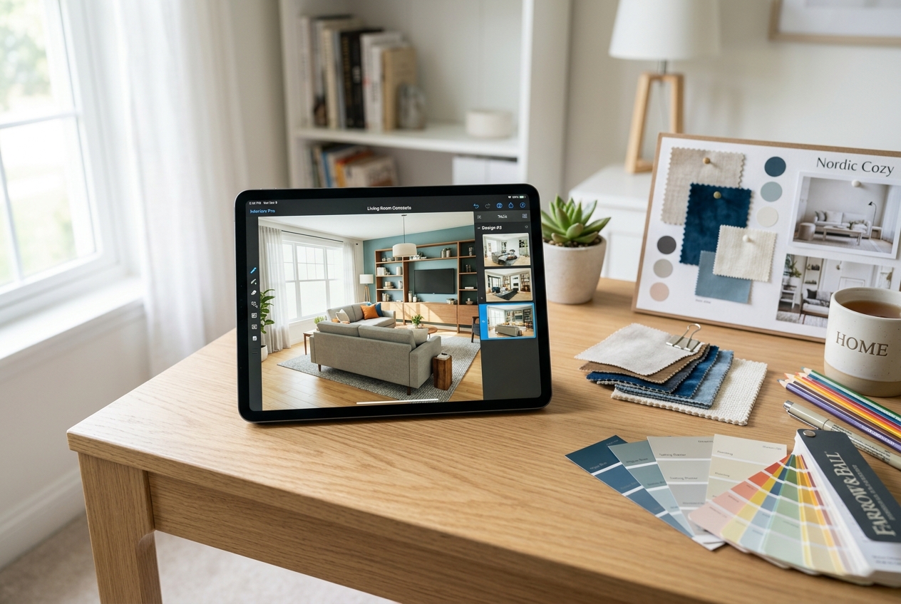 Tablet showing a room design app surrounded by swatches — exploring the best interior design apps in 2026: AI & classic picks.