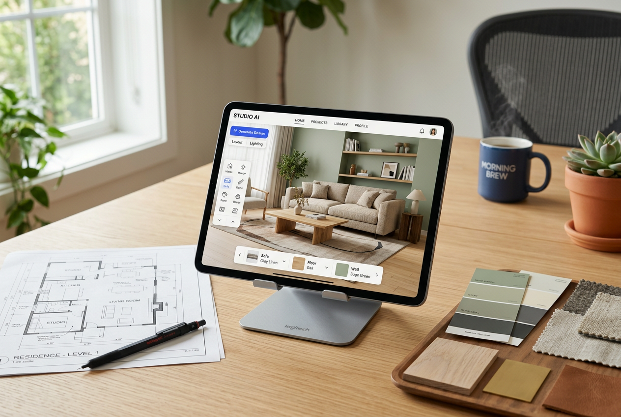 Tablet showing an AI interior design app on a designer's desk — Best Interior Design Apps in 2026: AI & Classic Picks