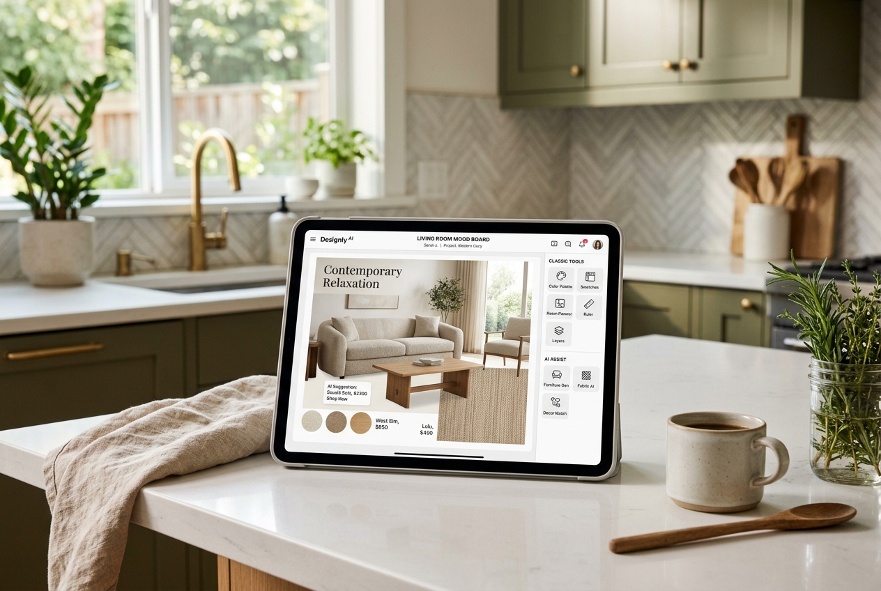 Tablet showing Best Interior Design Apps in 2026: AI & Classic Picks interface on a modern kitchen counter