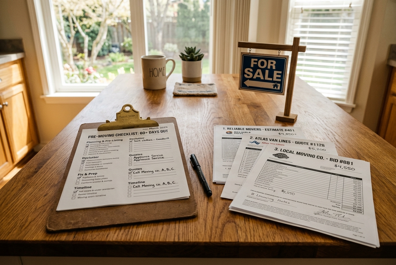Printed moving checklist and mover quotes on a table during pre-listing prep — moving checklist for home sellers and buyers
