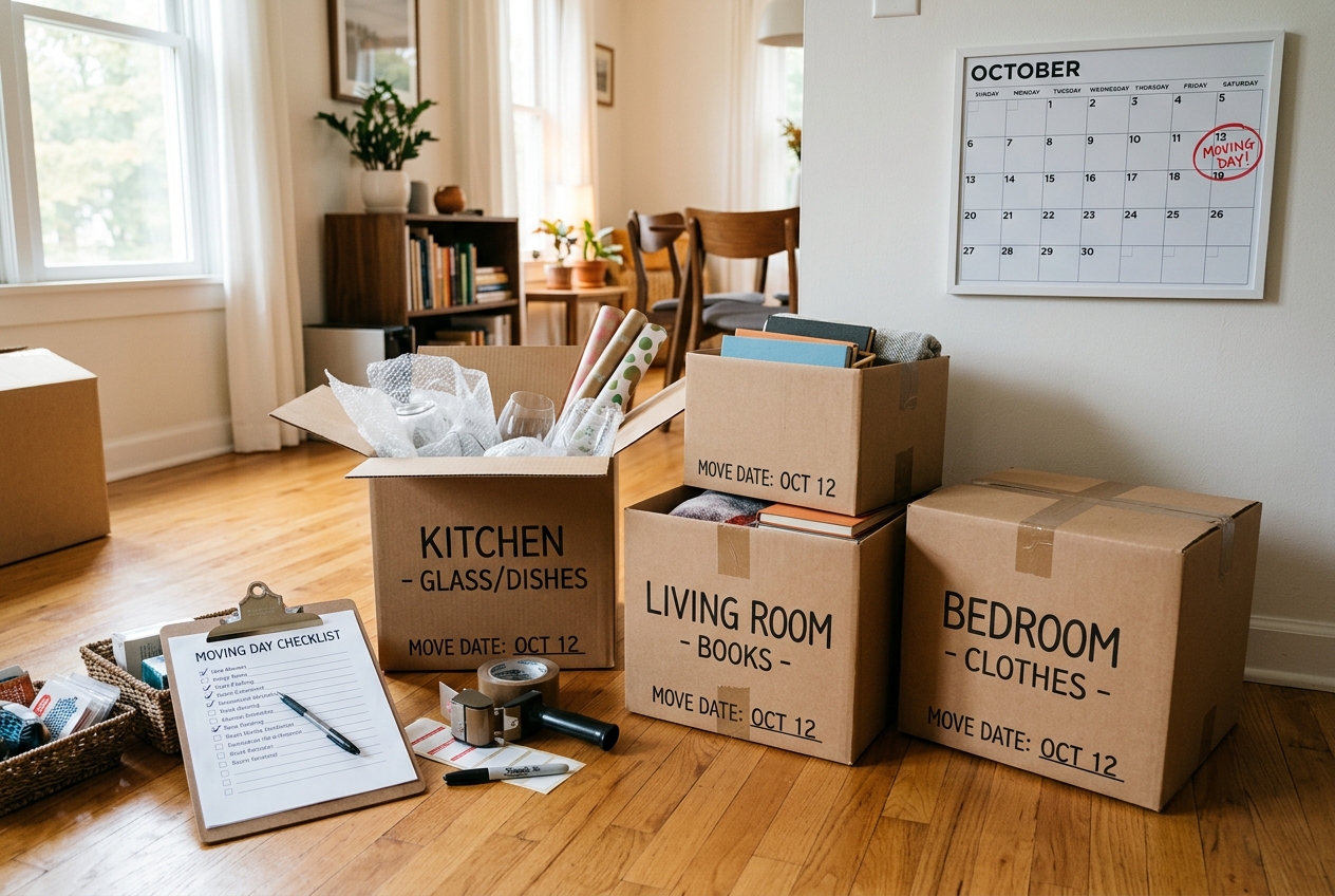 Packed moving boxes and a clipboard checklist on a hardwood floor — moving checklist for home sellers and buyers at the 30-day mark.