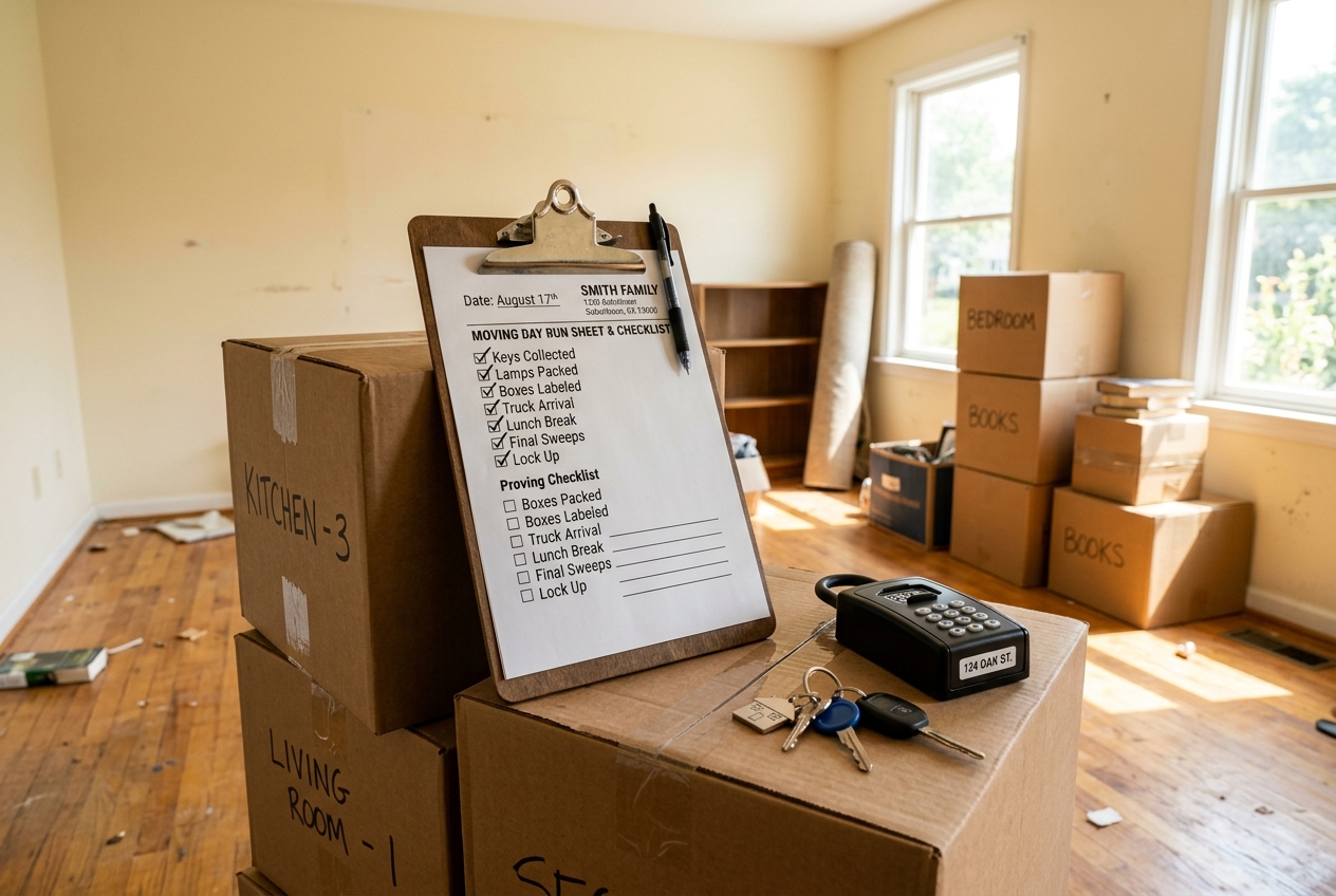 A printed moving checklist on a clipboard resting on packed boxes with house keys on moving day