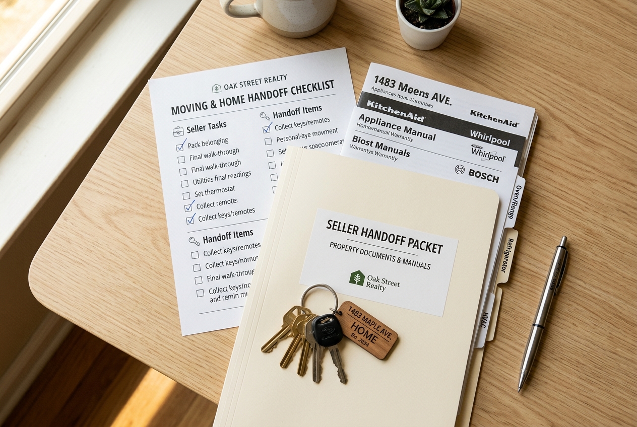 Printed moving checklist for home sellers and buyers alongside a seller handoff packet, keys, and warranty documents on a table.