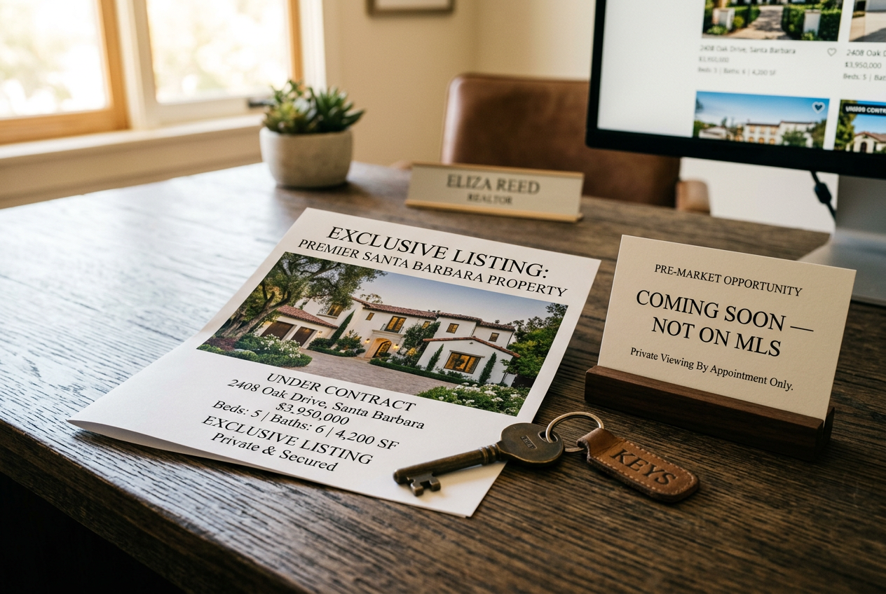 Exclusive listing flyer and house key on a desk illustrating off-market & pocket listings pros cons and the rules