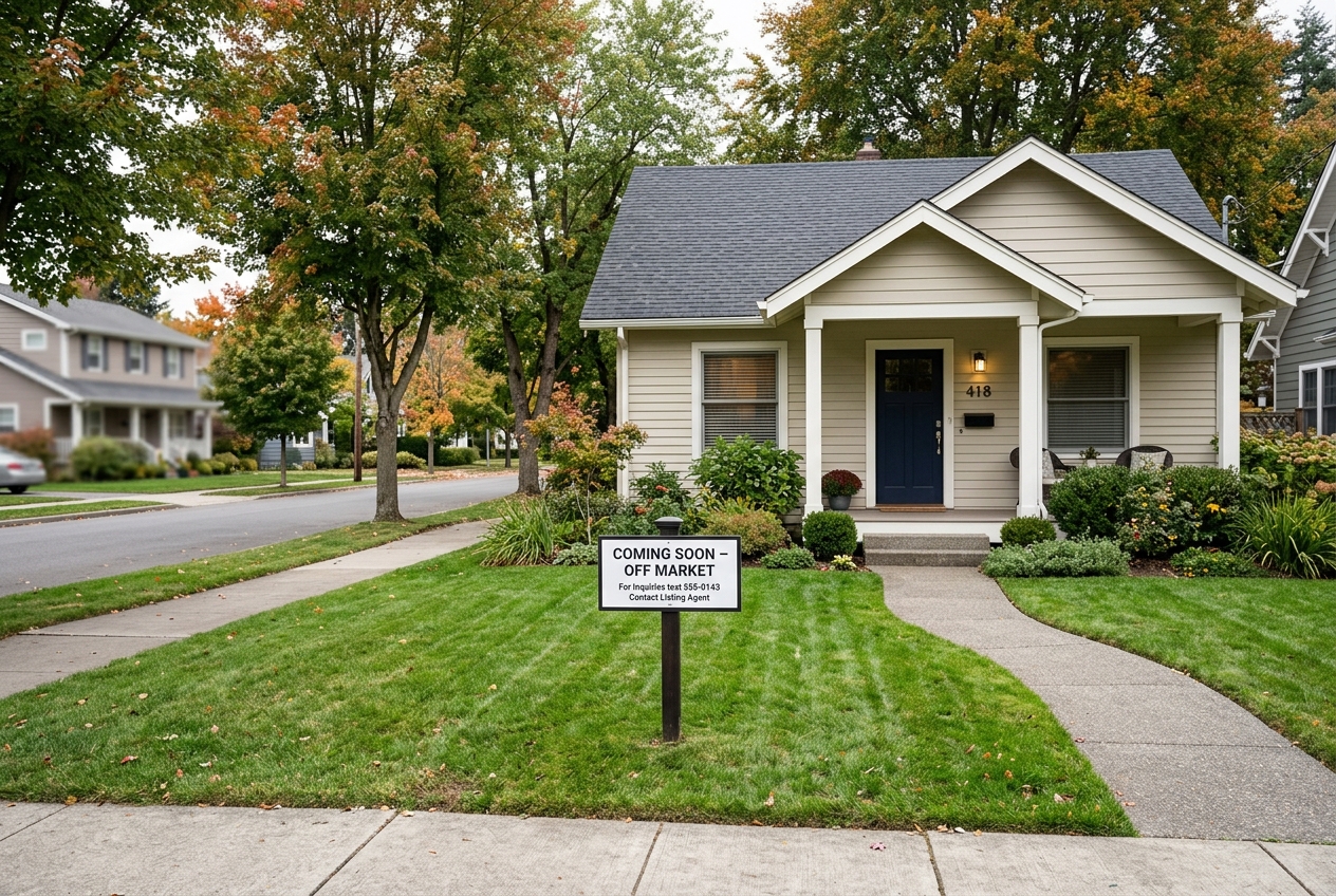 Coming Soon sign on a home exterior illustrating off-market & pocket listings pros cons and the rules of MLS compliance