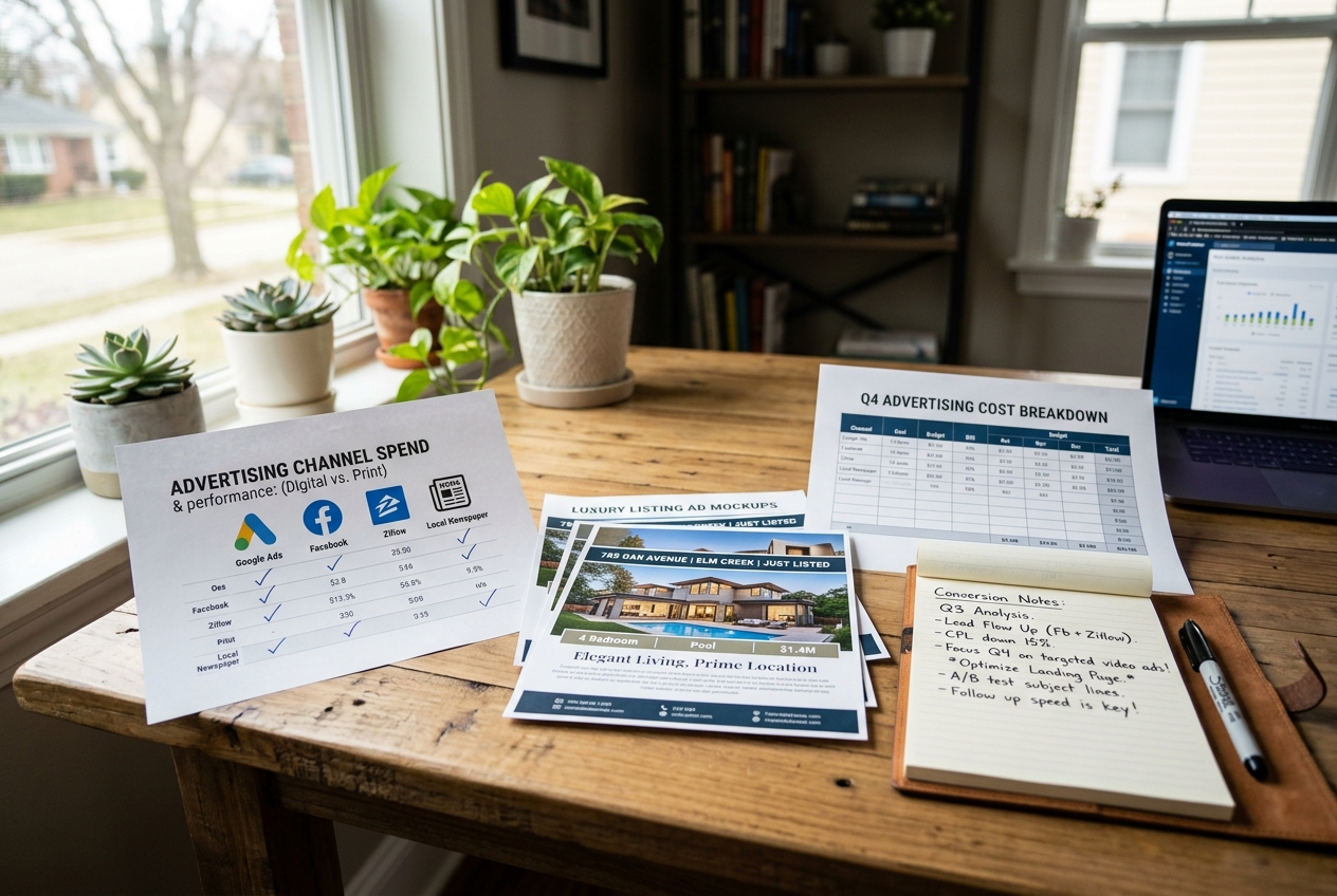 Desk with real estate advertising channel cost sheets and listing ad mockups for Real Estate Advertising: Channels, Costs & What Converts