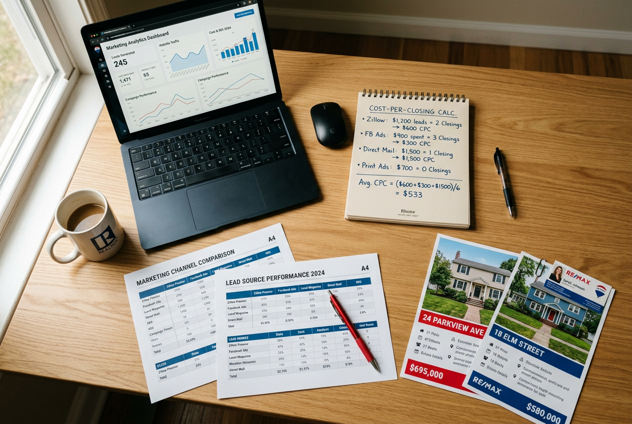 Desk with printed ad channel reports and cost notes — Real Estate Advertising: Channels, Costs & What Converts