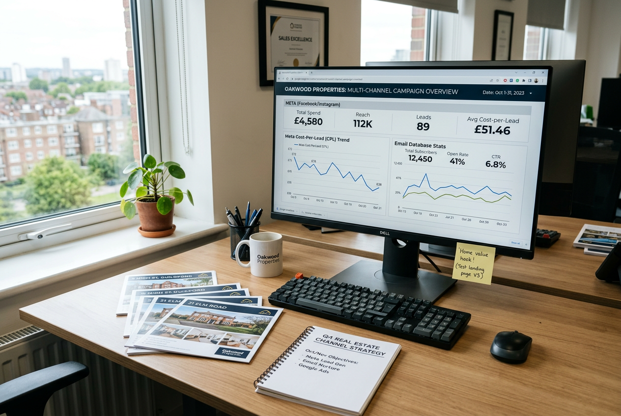 Real Estate Advertising: Channels, Costs & What Converts — multi-channel dashboard and listing flyers on a real estate agent's desk