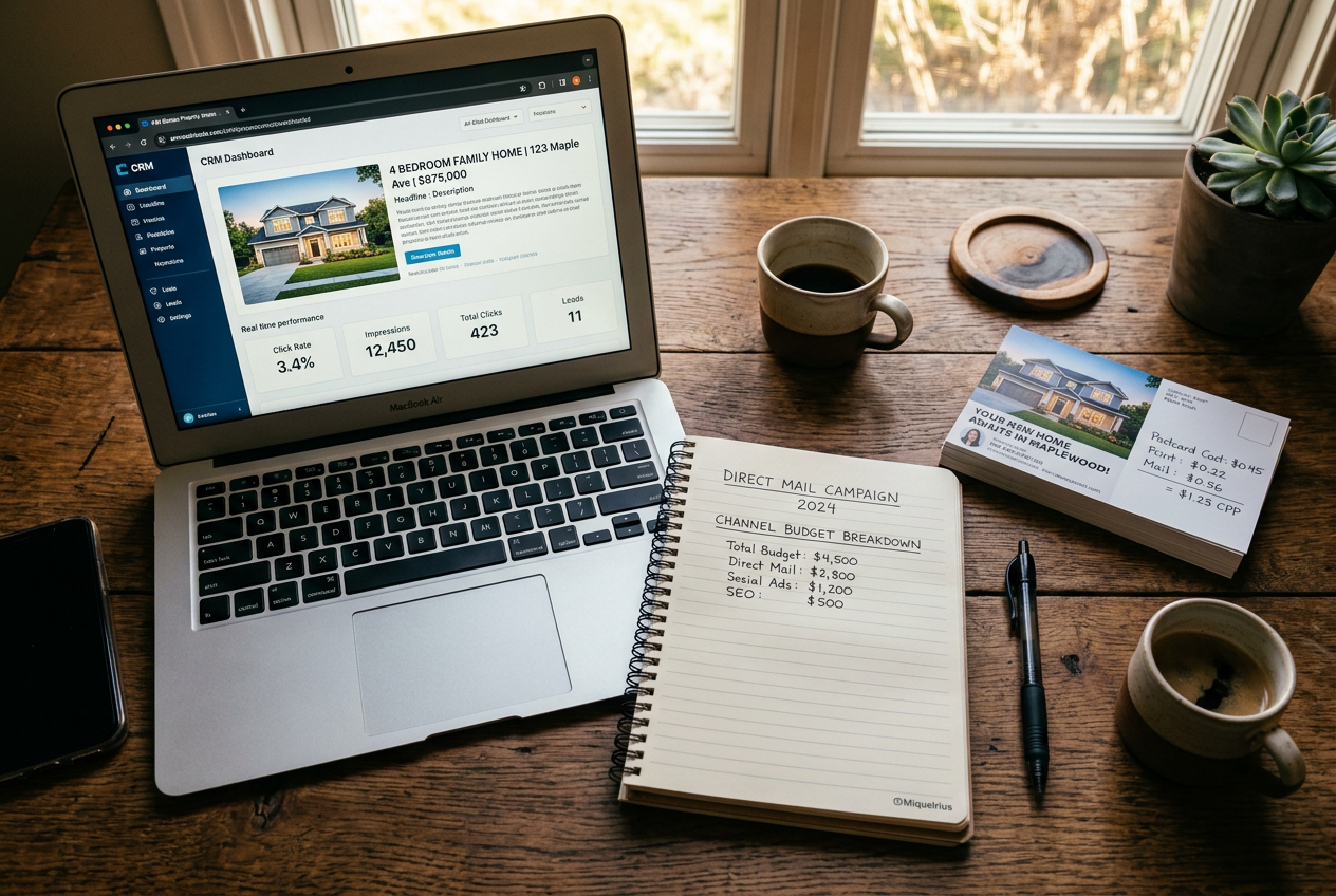 Real estate advertising workspace with direct mail postcards, cost notes, and laptop showing channels, costs & what converts