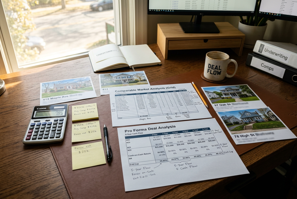 Printed comp grid and pro forma sheets on investor's desk — AI for Real Estate Investors: Deal Analysis, Comps & Forecasting