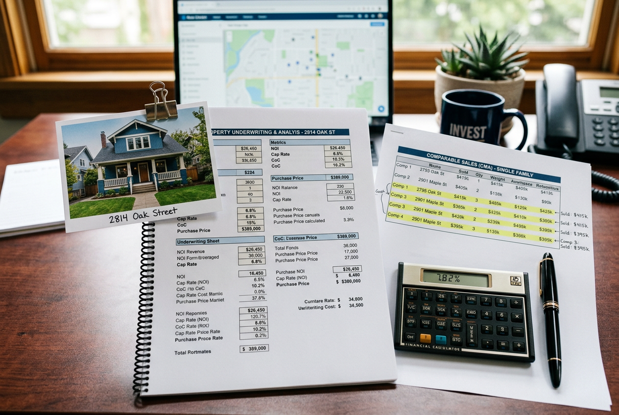 Printed deal analysis and comps report on investor's desk — AI for Real Estate Investors: Deal Analysis, Comps & Forecasting