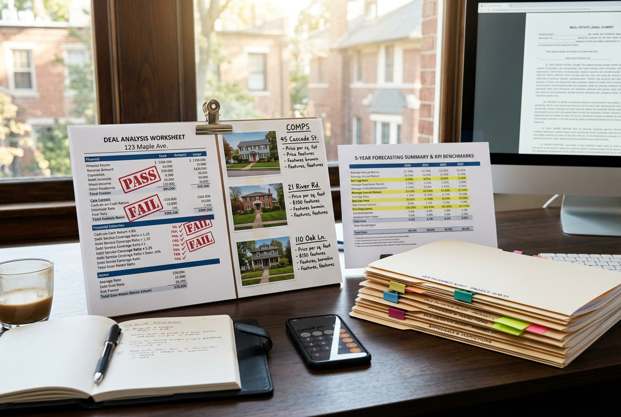Printed deal analysis worksheets with pass/fail markings on a real estate investor's desk — AI for Real Estate Investors: Deal Analysis, Comps & Forecasting