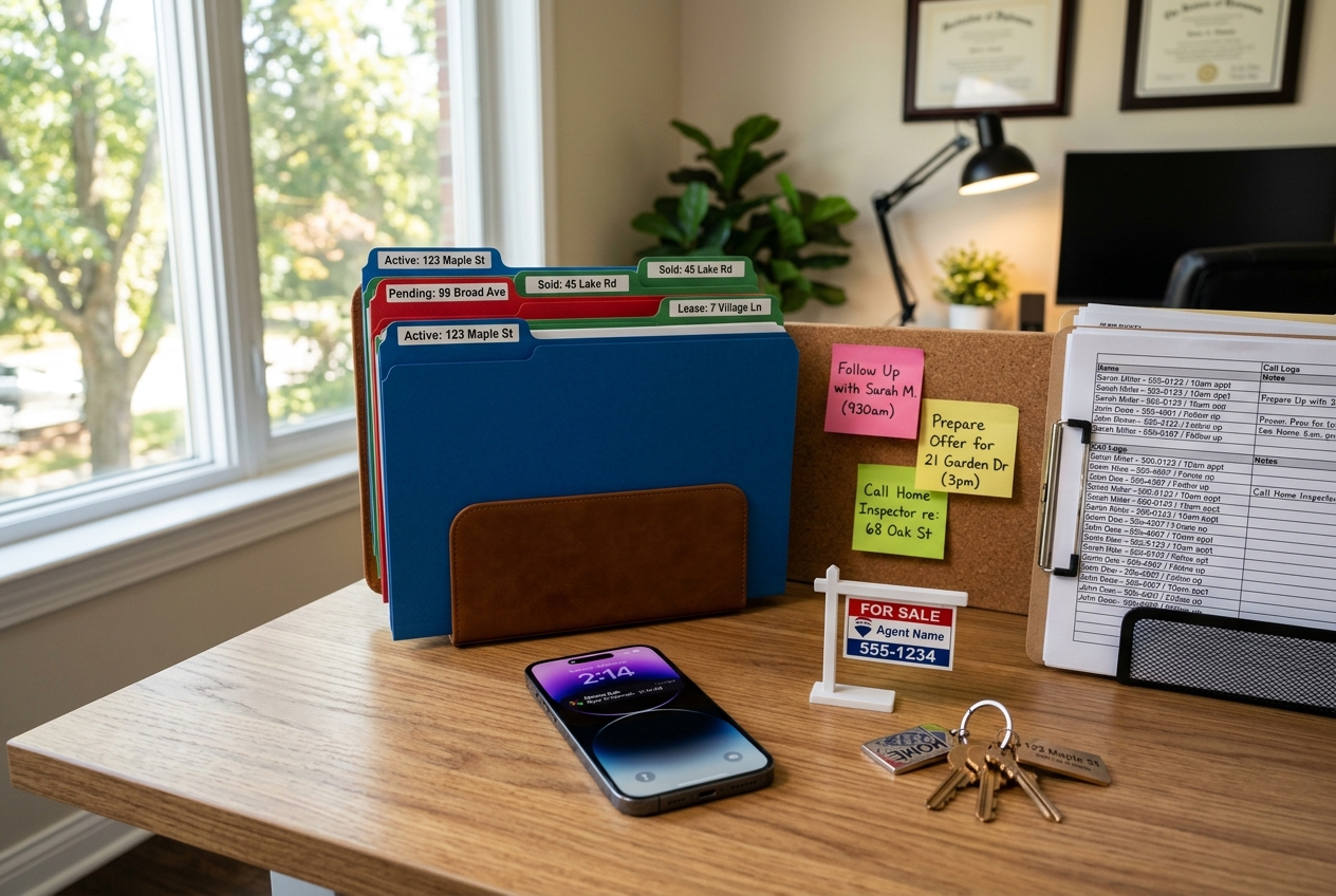 Organized agent desk with lead folders and follow-up notes — Best Real Estate CRM Software for Agents in 2026