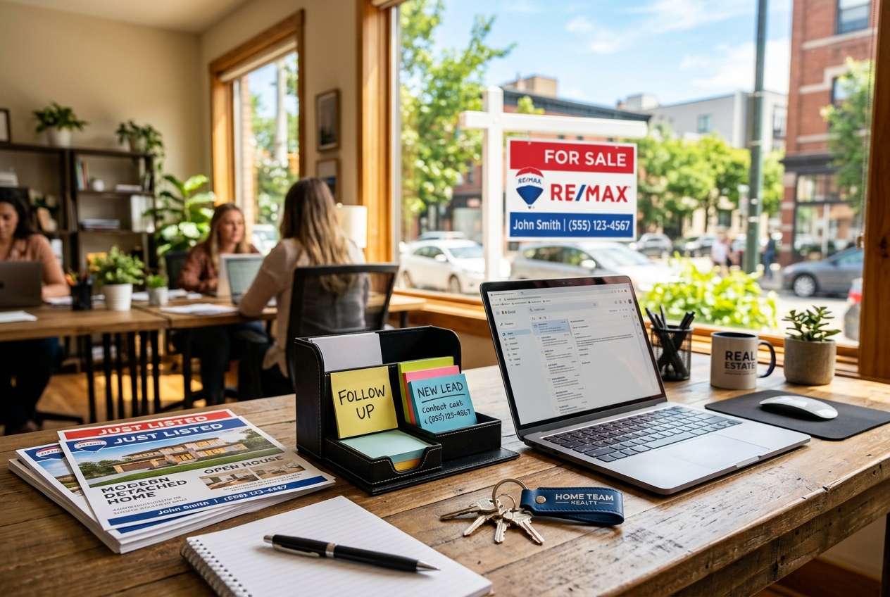 Organized agent desk with listing flyers and follow-up notes — Best Real Estate CRM Software for Agents in 2026