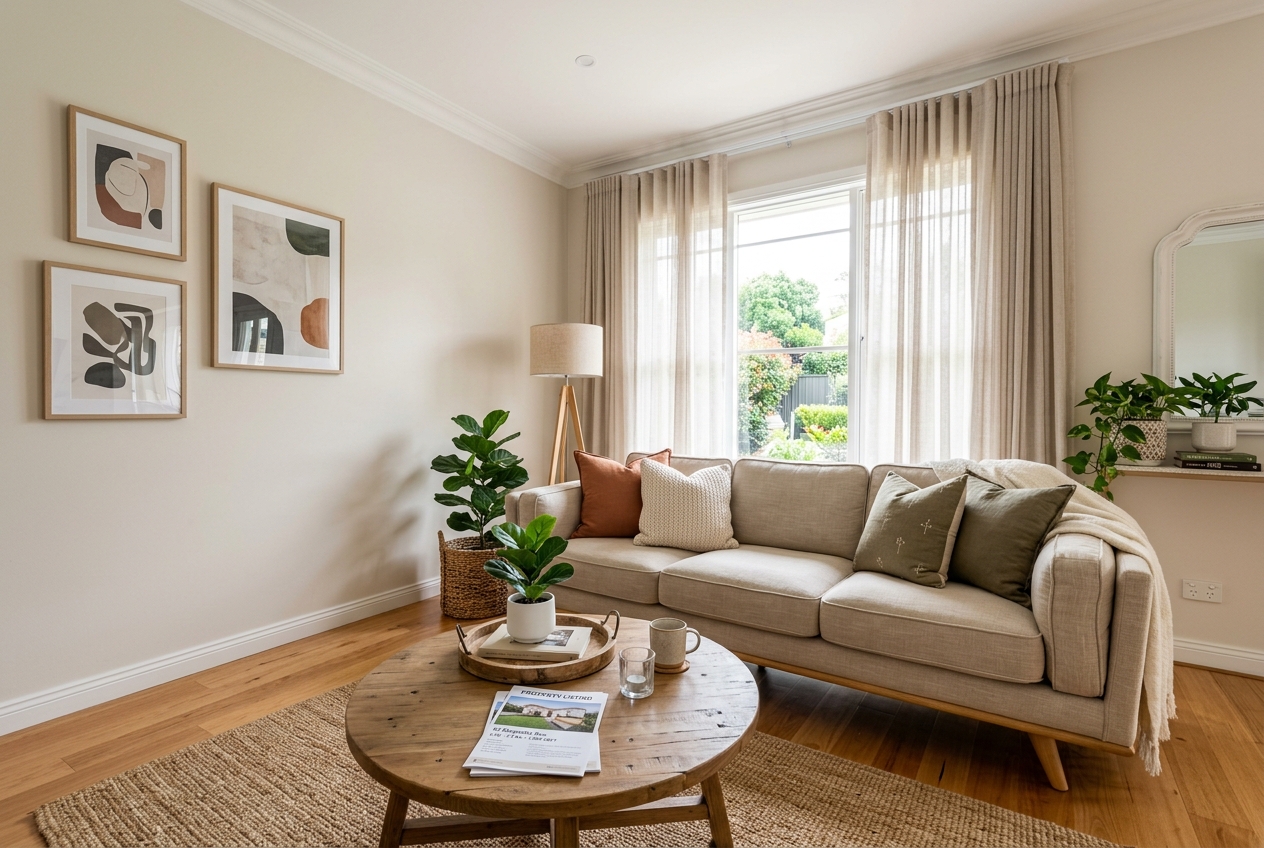 Staged living room that converts leads — Best Real Estate CRM Software for Agents in 2026 drives showings with visuals.