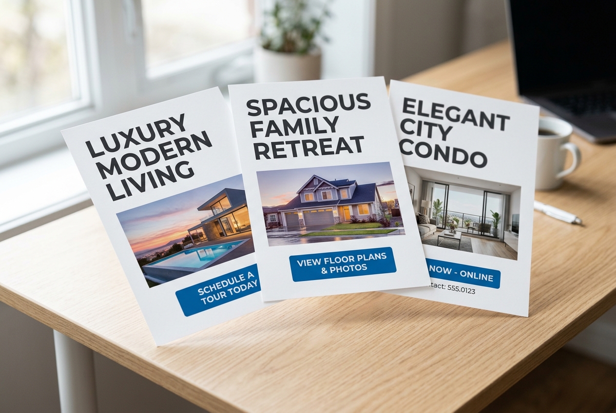 Printed real estate flyer designs on a desk showing bold headline, listing photo, and clear call-to-action hierarchy