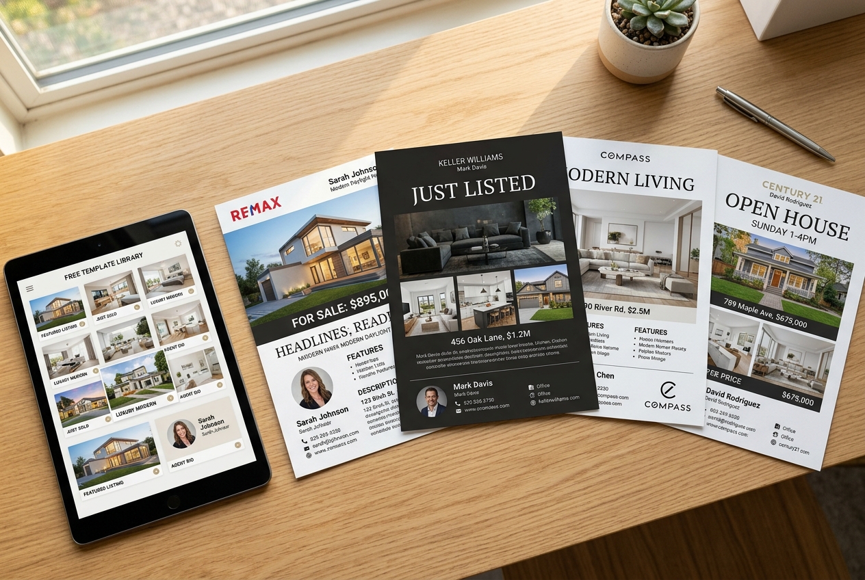 Printed real estate flyer templates spread on a desk beside a tablet showing a free template library — real estate flyer design options.