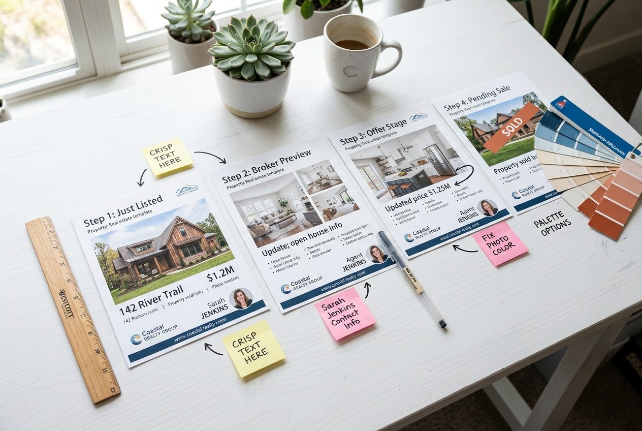 Printed real estate flyer templates arranged step-by-step on a desk with design tools and color swatches