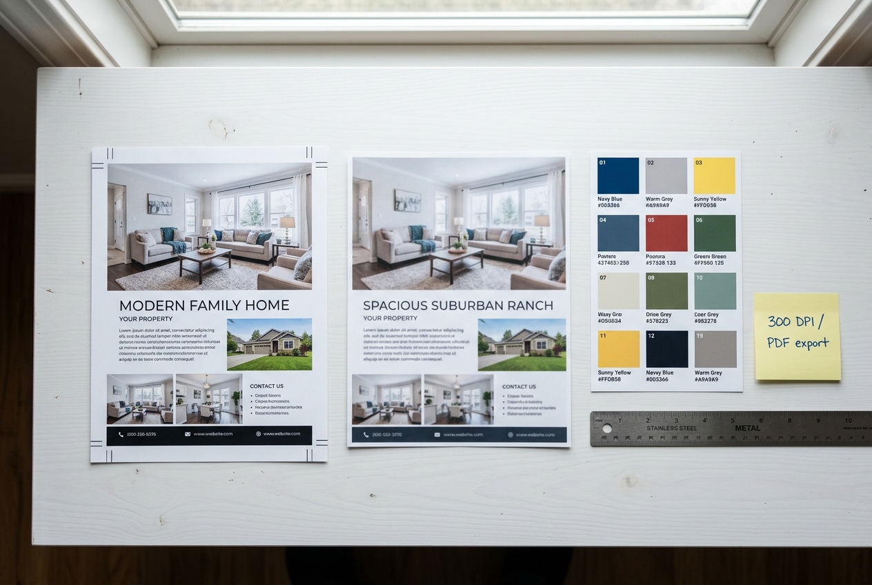 Printed real estate flyer comparison showing crisp vs. soft output, illustrating correct export resolution and margin specs.