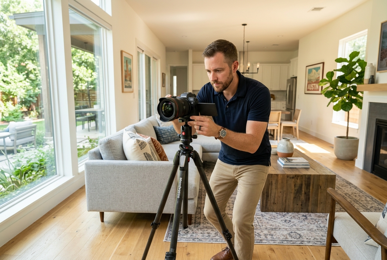A real estate photographer austin professionals hire, shooting a staged listing interior with a tripod and wide-angle lens.