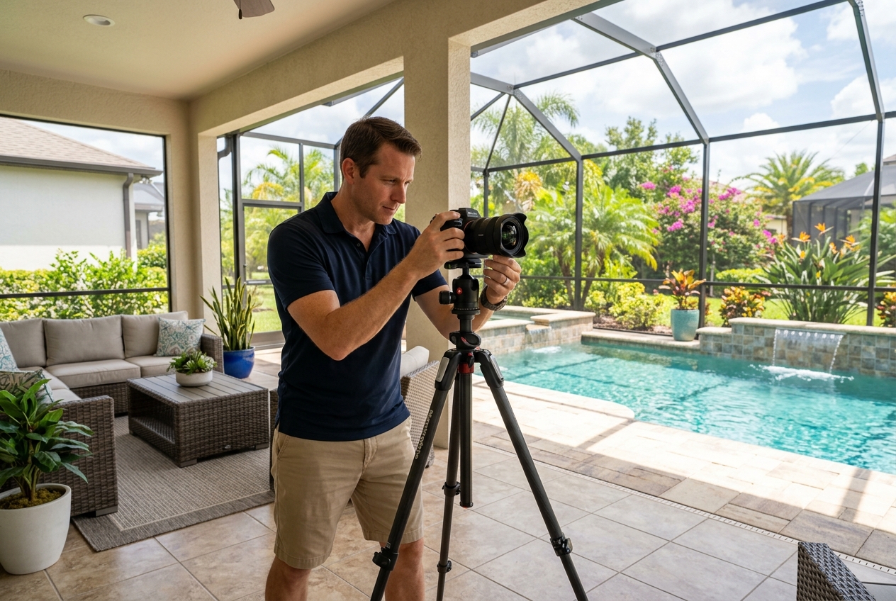 Real estate photographer tampa setting up a tripod shot of a sunlit Tampa home's outdoor lanai and pool area