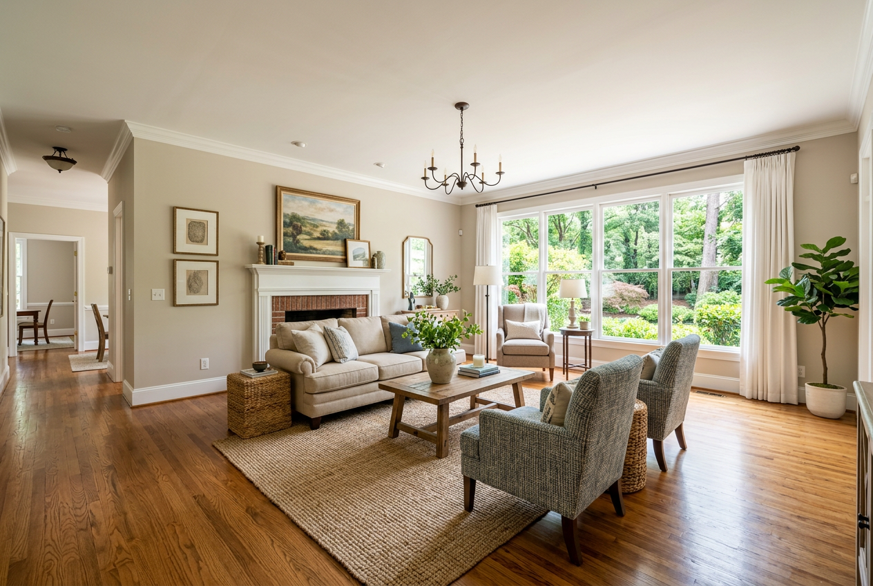 Bright wide-angle living room interior shot by Real Estate Photographers in Atlanta, showing warm hardwood floors and natural light.
