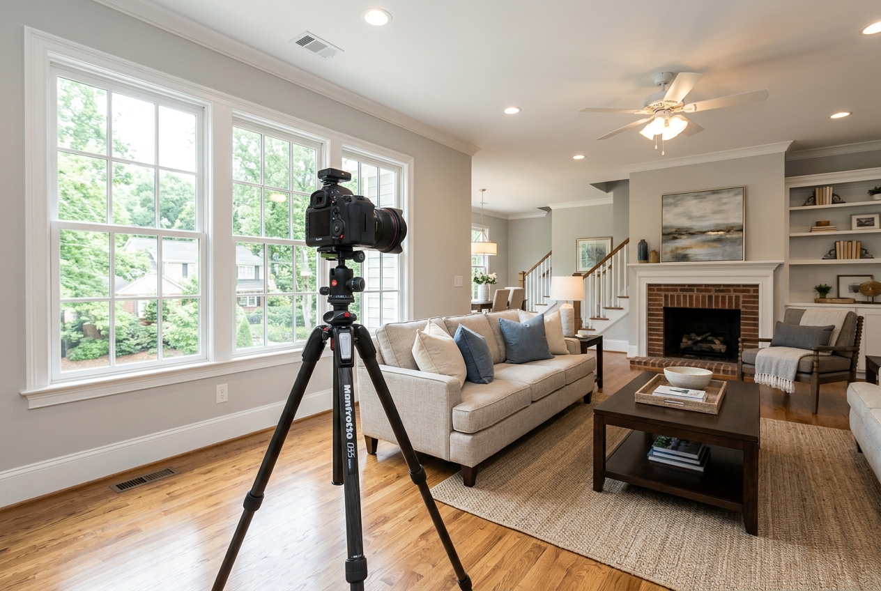 Professional camera on tripod inside a well-lit Atlanta home — Real Estate Photographers in Atlanta: Directory & Pricing