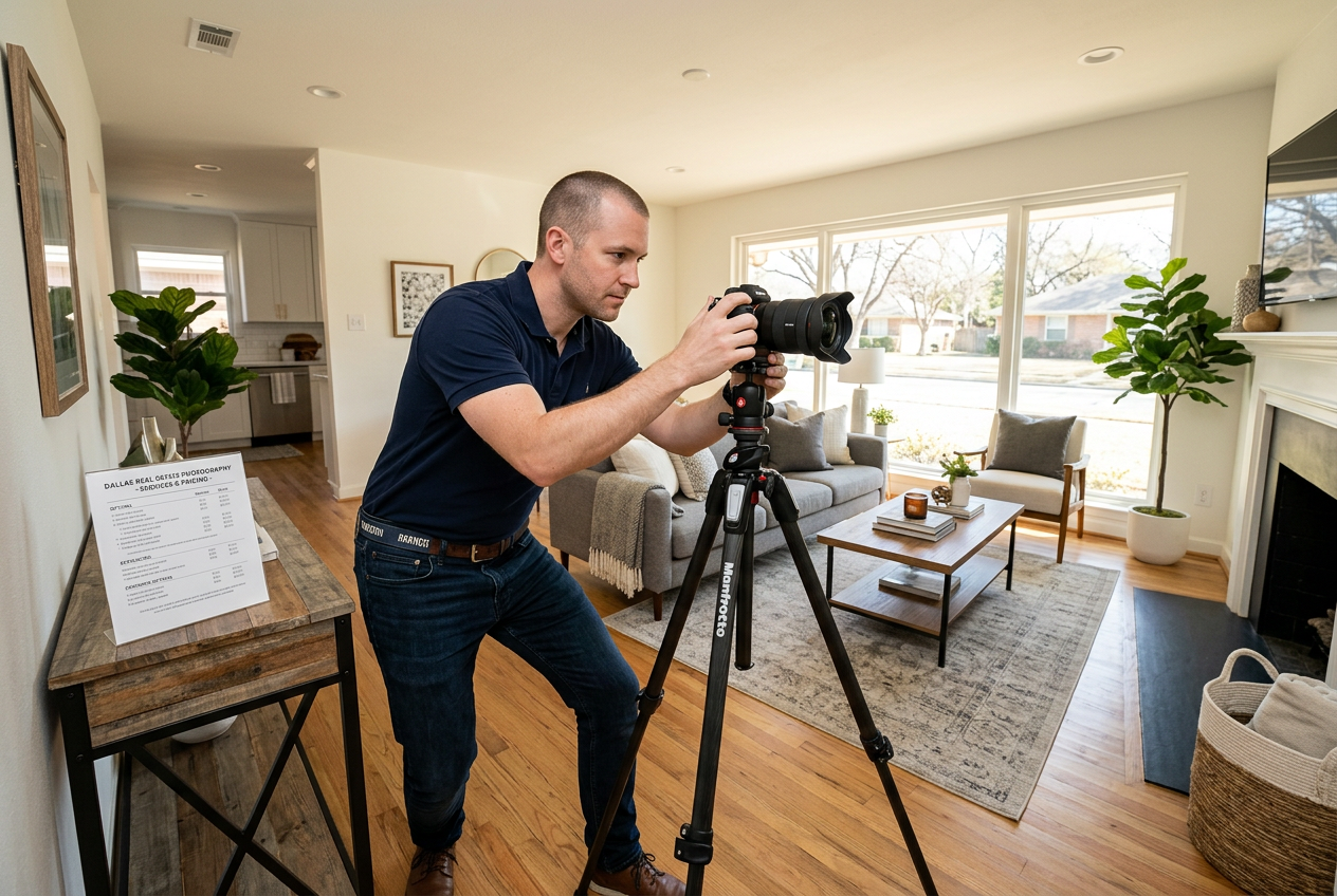 Real Estate Photographers in Dallas: Directory & Pricing — photographer setting up a tripod shoot inside a Dallas home